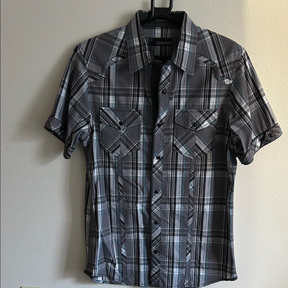Buckle Black Men's Black/Gray/Blue Plaid Snap Button Down Short Sleeve Shirt..M.
